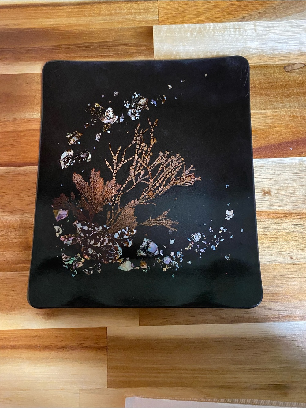 Black Decorative Square Serveware Plate with Iridescent Floral Inlay